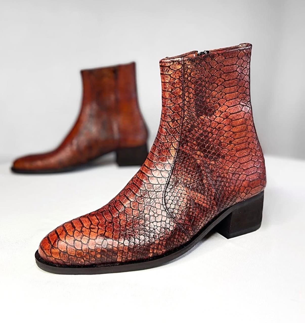 Tan Snake-Embossed Zip Boot